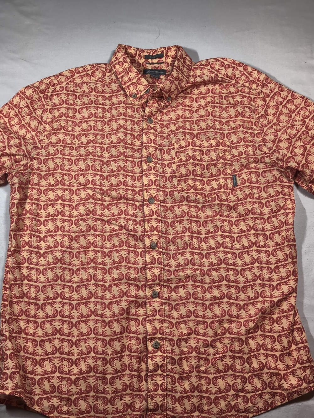 Eddie Bauer Printed Red and Cream Short-Sleeve Button-Up Shirt